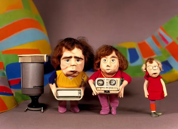 Prompt: a scene from a 1 9 7 0 s british kids tv programme by the bbc and oliver postgate, stop motion animation, peter dinklage, vhs distortion, cathode ray tube distortion, folk horror, hauntology, 8 k, 8 5 mm f 1. 8, studio lighting, rim light, right side key light