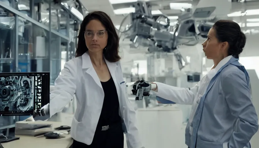 Image similar to big budget action movie about female scientist confronts male ceo about robot photographs