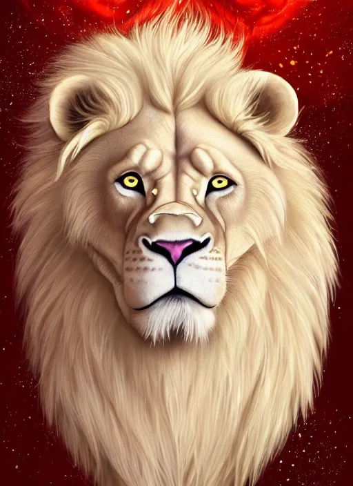 Prompt: award winning beautiful portrait commission of a male furry anthro albino lion with tattoos on his muscular belly with a beautiful hyperdetailed face wearing a golden and red winter handcrafted outfit with red gradient background and white snow falling around lion. Character design by charlie bowater, ross tran, and makoto shinkai, detailed, inked, western comic book art