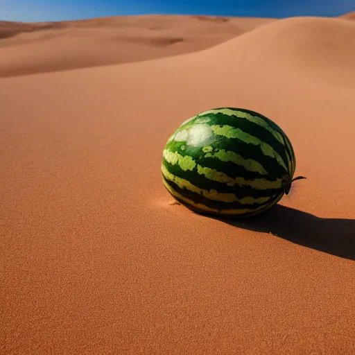 Prompt: a watermelon half buried in a dune of sand in a vast desert, warm colors, cinematic shot