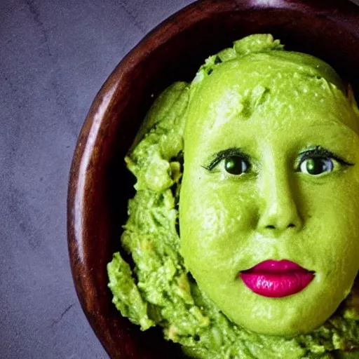 Image similar to molly ringwald face on a pile of guacamole