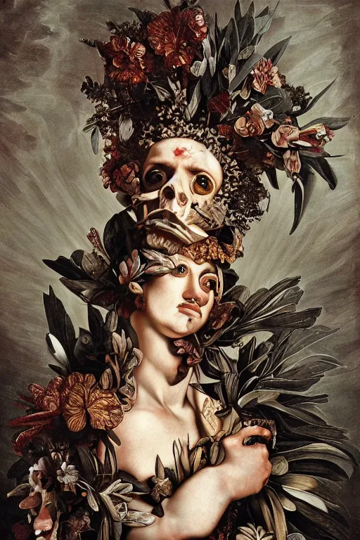 Prompt: Detailed maximalist portrait a Greek god with large lips and with large white eyes, exasperated expression, botany bones, HD mixed media, 3D collage, highly detailed and intricate, surreal illustration in the style of Caravaggio, dark art, baroque