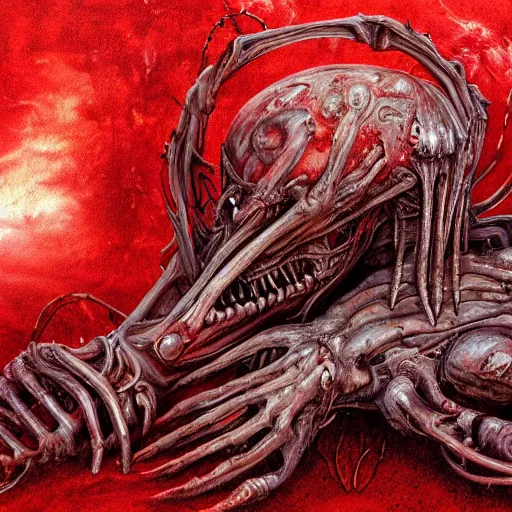 Prompt: landscape artwork of two demons embracing each other emerging from corpses in a red hellscape covered in blood by Yoshitaka Amano, by HR Giger, full body wide shot, biomechanical, 4k, hyper detailed, hyperrealism, anime, red sky, blood and body parts, deviantart, artstation