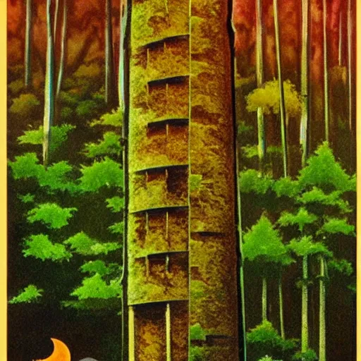 Prompt: tower in a forest, 70s fantasy poster