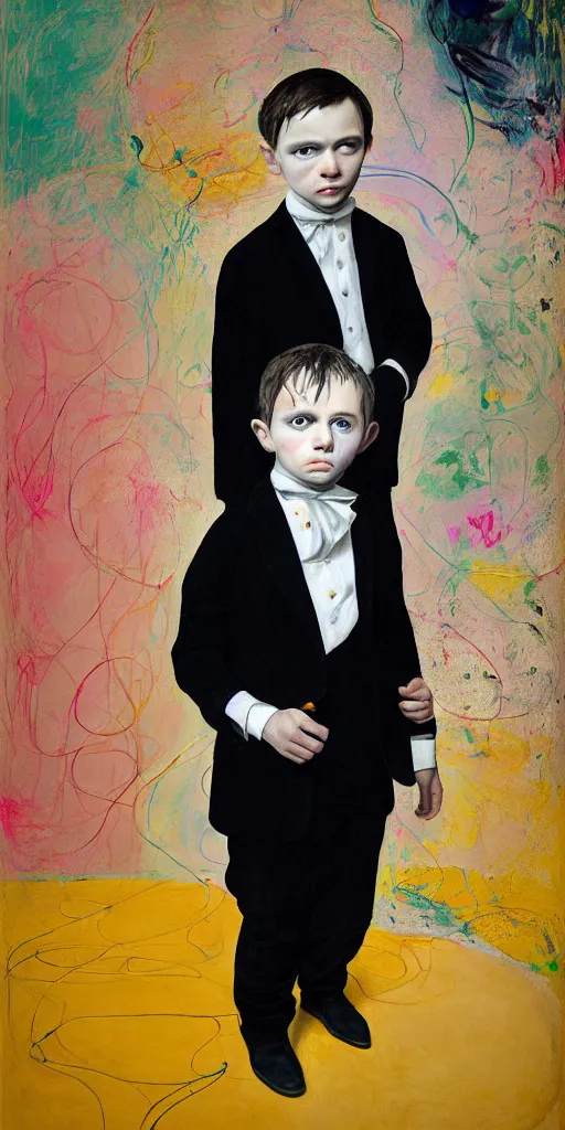 Image similar to portrait of a child in tuxedo painted by vincent lefevre and hernan bas and pablo amaringo and pat steir and hilma af klint, background in high definition 3 d, psychological, photorealistic, dripping paint, washy brush, rendered in octane, altermodern, masterpiece