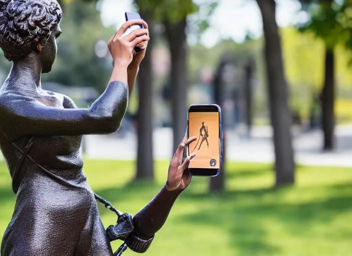 Image similar to photo still of a bronze statue of a woman using an iphone to take a selfie in a park on a bright sunny day, 8 k 8 5 mm f 1 6