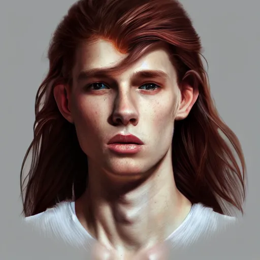 Image similar to portrait of a thin young man with long red hair, ponytail, a lot of freckles on his face, an earring, intricate, elegant, glowing lights, highly detailed, digital painting, artstation, concept art, smooth, sharp focus, illustration