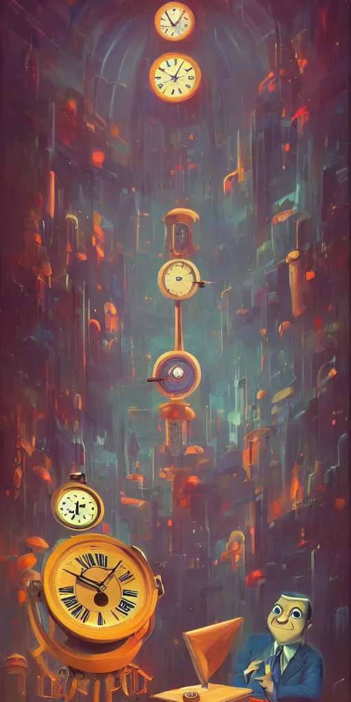 Prompt: a man in a business suit with a clock head, clock face, beautiful composition, symmetric, by paul lehr and cory loftis, masterpiece