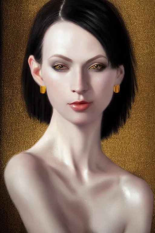 Image similar to Portrait of a beautiful pale skin Nordic female with short black hair, elegant, photorealistic, highly detailed, artstation, smooth, sharp focus, gold ornaments, neon lighting, sci-fi, art by Klimt.