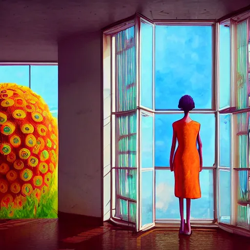 Image similar to giant daisy flower head, woman standing next to modern window in luxury loft, surreal photography, sunlight, impressionist painting, digital painting, artstation, simon stalenhag