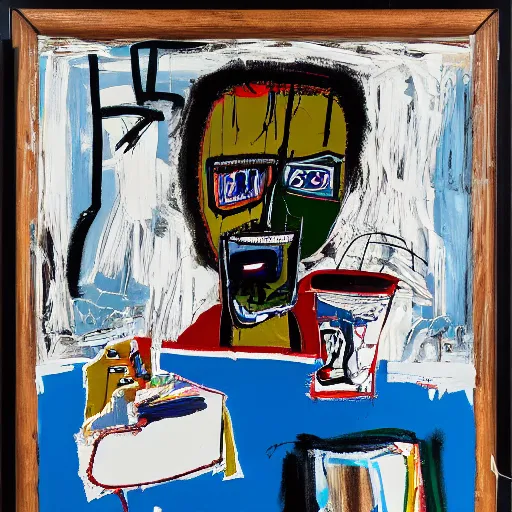 Prompt: Late afternoon in the studio. Sunlight is pouring through the window lighting the face of an angry man drinking from a blue cup of coffee. Detailed and intricate brush strokes, oil paint and spray paint, markers, paper collage, crayon transfer on canvas. Painting by Basquiat, 1981