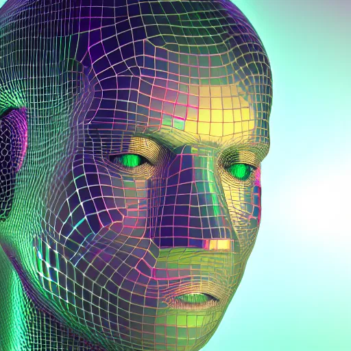 Image similar to 3d render of holographic human robotic head made of glossy iridescent, surrealistic 3d illustration of a human face non-binary, non binary model, 3d model human, cryengine, made of holographic texture, holographic material, holographic rainbow, concept of cyborg and artificial intelligence