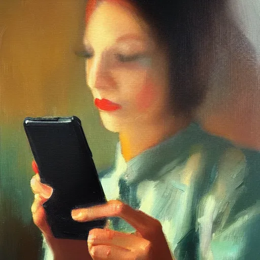 Prompt: a modern impressionist painting of a woman with a smartphone, oil on canvas, trending on artstation