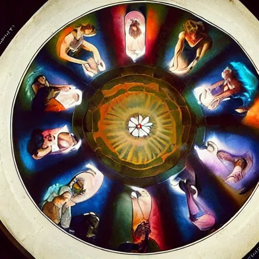 Prompt: A beautiful body art of a group of people standing around a circular table. In the center of the table is a large, open book. The people in the body art are looking at the book with interest and appear to be discussing its contents. obsidian by Edward Steichen, by Scott Listfield neat