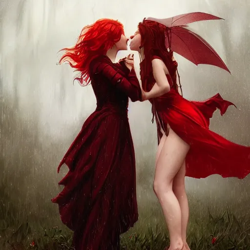 Image similar to a highly detailed portrait of polyamorous red haired vampire queens kissing in the rain wearing a blood red dress, epic fantasy, viewed in profile from far away, ultrawide lens, art by artgerm and greg rutkowski and alphonse mucha, volumetric lighting, 4 k resolution, trending on artstation, masterpiece