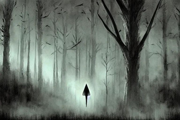 Image similar to UFO landing in a haunted the dark forest artwork by ben templesmith