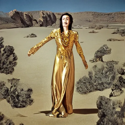 Prompt: salvador dali wearing a golden dress with jewels in a dry rocky desert landscape, visible sky and sunny atmosphere, fata morgana and giant square mirrors, film still from the movie by alejandro jodorowsky with cinematogrophy of christopher doyle and art direction by hans giger, anamorphic lens, kodakchrome, very detailed photo, 8 k