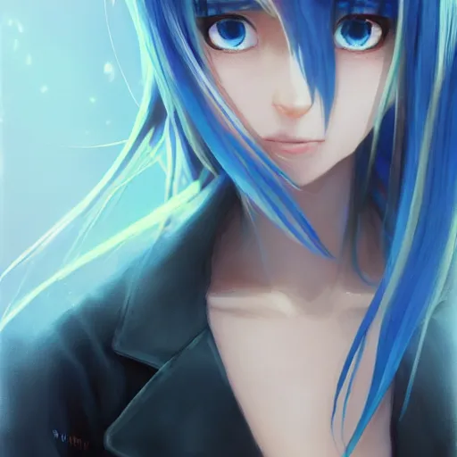 Image similar to profile shot of rimuru tempest, sky blue, straight hair, long bangs, amber eyes, wearing a black jacket with white stripes, high collar, highly detailed, unreal engine 5, digital painting, cinematic, wlop | artgerm, pixiv, yoshitaka amano, greg rutkowski, ilya kuvshinov, andy warhol