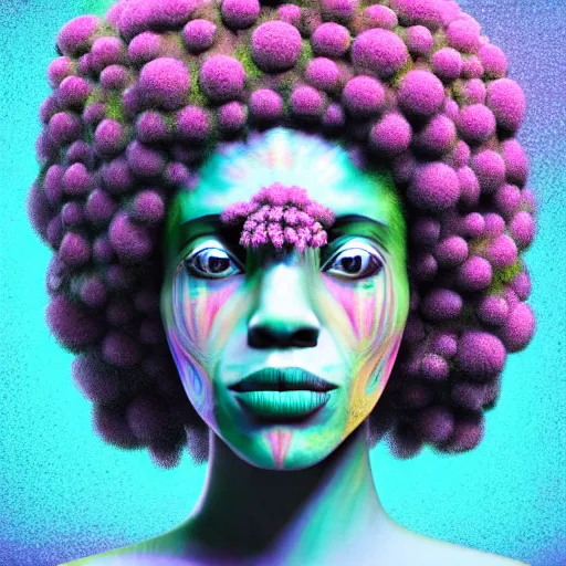 Image similar to a female african marijuanna! shaman with an afro made of flowers, third eye art art by machina infinitum, complexity from simplicity, rendered in octane, mandelbulb 3 d, ambient occlusion, macro photography, felt!!! texture, tribal, pastel! retrowave
