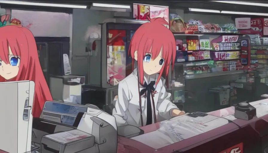 Image similar to Zero Two working the cash register at a rundown 7-Eleven by Ufotable
