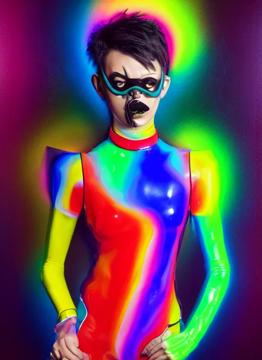 Image similar to full body abstract surreal weird oil painting portrait of tracer overwatch, confident pose, full body, full body, wearing black jagged iridescent rainbow latex armor, rainbow, neon, 4 k, expressive, makeup, wearing large rainbow neon choker, studio lighting, black latex, expressive detailed face and eyes,