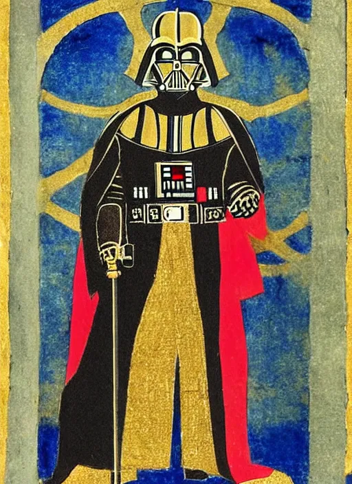 Image similar to Darth Vader in a page from from an illuminated manuscript, gold leaf, high detail