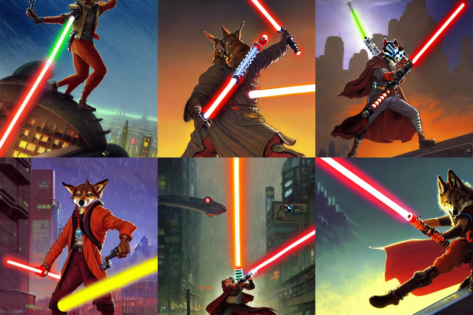 Prompt: a anthropomorphic coyote Jedi wielding a lightsaber with an orange blade fighting a anthropomorphic wolf sith lord wielding a lightsaber with a red blade on top of a blimp that is flying above a cyberpunk city at night while it rains. Renowned character illustration by greg rutkowski, thomas kindkade, alphonse mucha, loish, norman rockwell. Trending on Artstation.