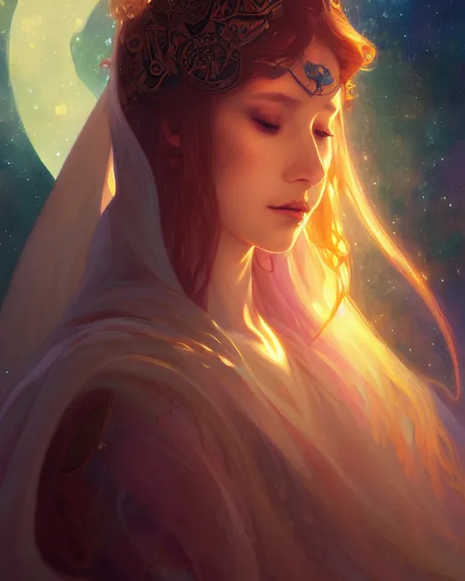 Prompt: Portrait of a celestial auburn princess cloaked in ethereal light and astral stars, by WLOP and artgerm, artstation, alphone mucha, anato finnstark