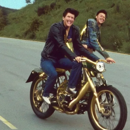 Prompt: photorealistic screenshot from a golden earring - going to the run clip ed's got the looks of a moviestar eds got the smile of a prince he ride a bike instead of a car i wanna be his friend