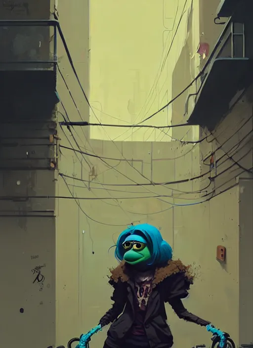 Image similar to highly detailed portrait of a moody sewerpunk young adult muppet lady by atey ghailan, by greg rutkowski, by greg, tocchini, by james gilleard, by joe fenton, by kaethe butcher, gradient yellow, black, brown and cyan color scheme, grunge aesthetic!!! ( ( graffiti tag city background ) )