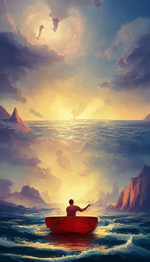 Image similar to man on boat crossing a body of water in hell with creatures in the water, sea of souls, by rhads