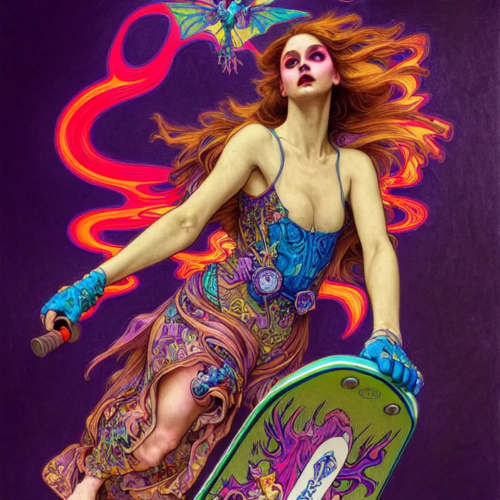 Prompt: bright psychedelic photo of a witch riding a skateboard in a supermarket, diffuse lighting, fantasy, intricate, elegant, highly detailed, lifelike, photorealistic, digital painting, artstation, illustration, concept art, smooth, sharp focus, art by John Collier and Albert Aublet and Krenz Cushart and Artem Demura and Alphonse Mucha