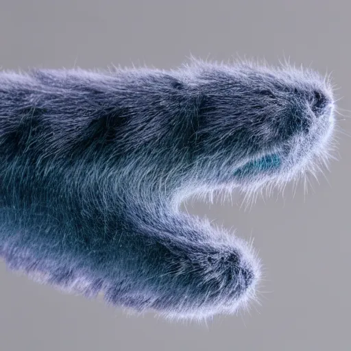 Image similar to studio photograph of a matte gray catterpillar with a neon blue head