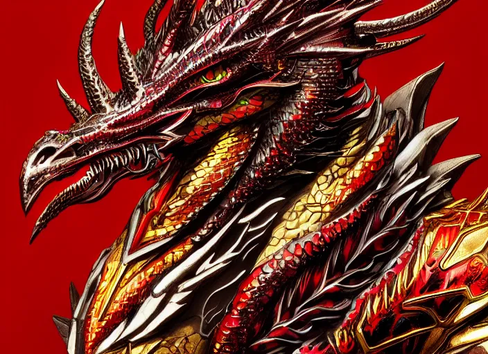 Image similar to Majestic winged dragon with ornate red and gold scales. In style of Yoji Shinkawa and Hyung-tae Kim, trending on ArtStation, dark fantasy, great composition, concept art, highly detailed.