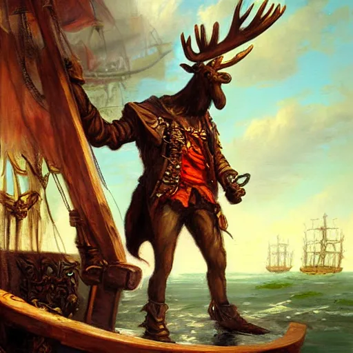 Image similar to anthropomorphic moose pirate humanoid by johan grenier, pirate ship, sea, fantasy