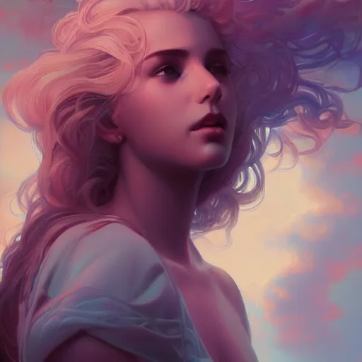 Image similar to surreal beautiful young woman, detailed gorgeous face, sad eyes, vaporwave aesthetic, synthwave , digital painting, artstation, concept art, smooth, sharp focus, illustration, art by artgerm and greg rutkowski and alphonse mucha