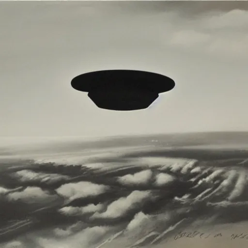 Prompt: painting of a ufo, black and white, ww2