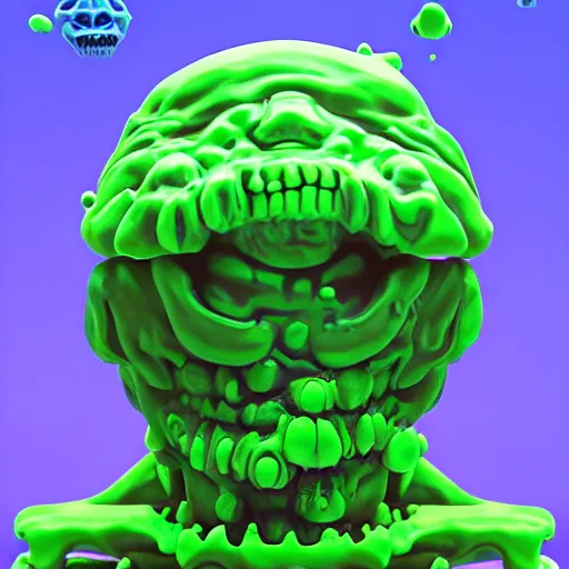 Image similar to slime lord king of the slime universe, skeleton, full body included, wide shot, 1 4 mm lens, f 2. 8, goopy, goop, fluids, soft tissue, subsurface scattering, reflections, ambient occlusion, raytracing, unreal engine 5, pixel art 8 - bit, by beeple