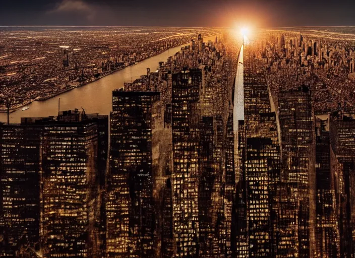 Image similar to film still of the moon shattering into pieces over manhatten in the new disaster movie, 8 k, night time