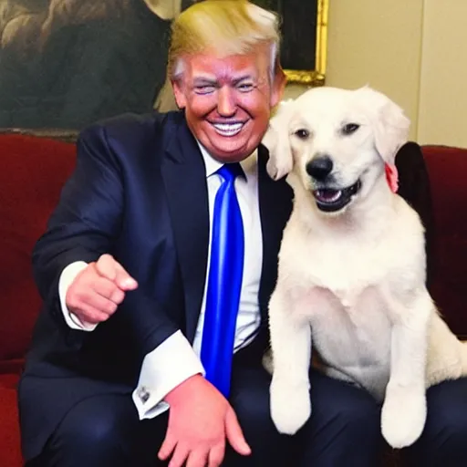 Image similar to donald trump smiling with a dog on his lap