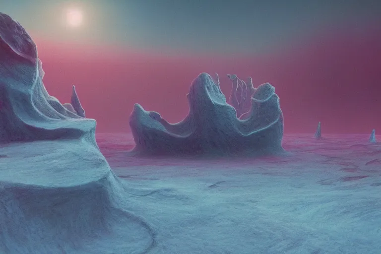 Image similar to a hd render of a surreal frozen landscape, by beeple and zdzisław beksinski