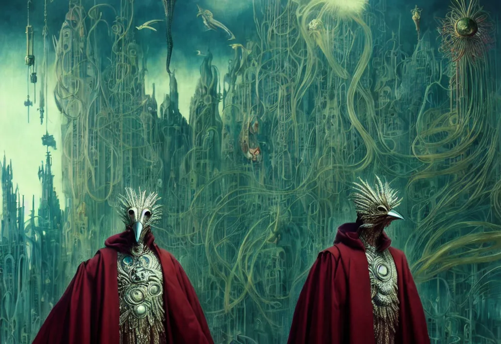 Image similar to realistic detailed portrait movie still of a birdman wearing dark robes, sci fi city landscape background by denis villeneuve, amano, yves tanguy, alphonse mucha, ernst haeckel, max ernst, ridley scott, roger dean, masterpiece, rich moody colours, cinematic, snarling dog teeth