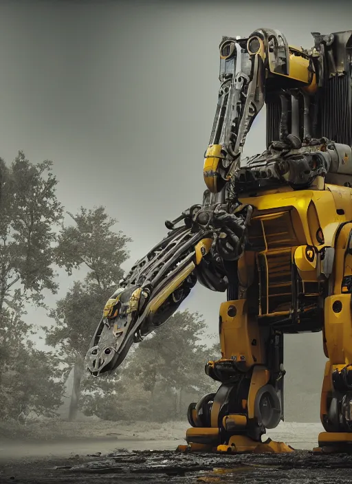 Image similar to a photorealistic dramatic hyperrealistic render of a futuristic exosuit power excavator heavy machinery, ultra realistic details, glossy yellow, well worn, rust, oil stains by vitaly bulgarov and mike nash, beautiful dramatic dark moody tones and lighting, cinematic atmosphere, studio lighting, global illumination, shadows, dark background, octane render, 8 k