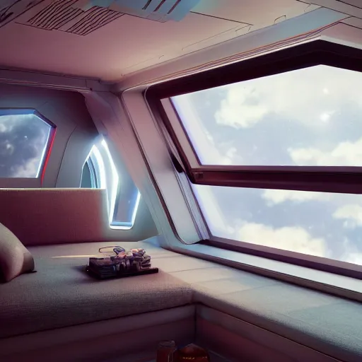 Prompt: 8 k photography of spacious quarters on a futuristic starship, large side window view of stars in dark space, low lights, couch facing window with open bottle of liquor on table, muted colors, somber, trending on artstation