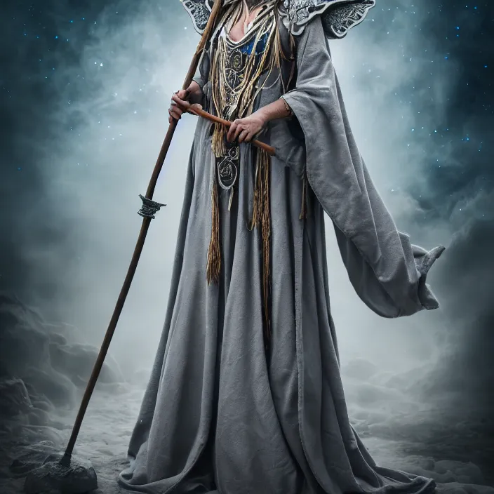 Image similar to professional photograph of a real - life beautiful elemental lunar witch with ornate grey robes and staff. extremely detailed. 8 k