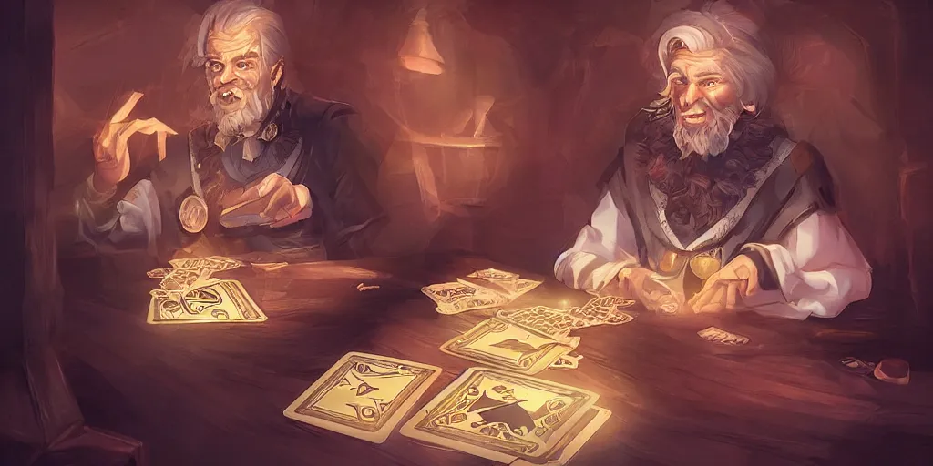 Prompt: handsome! wizard shuffling cards, cards, fantasy, digital art, soft lighting, concept art, 8 k