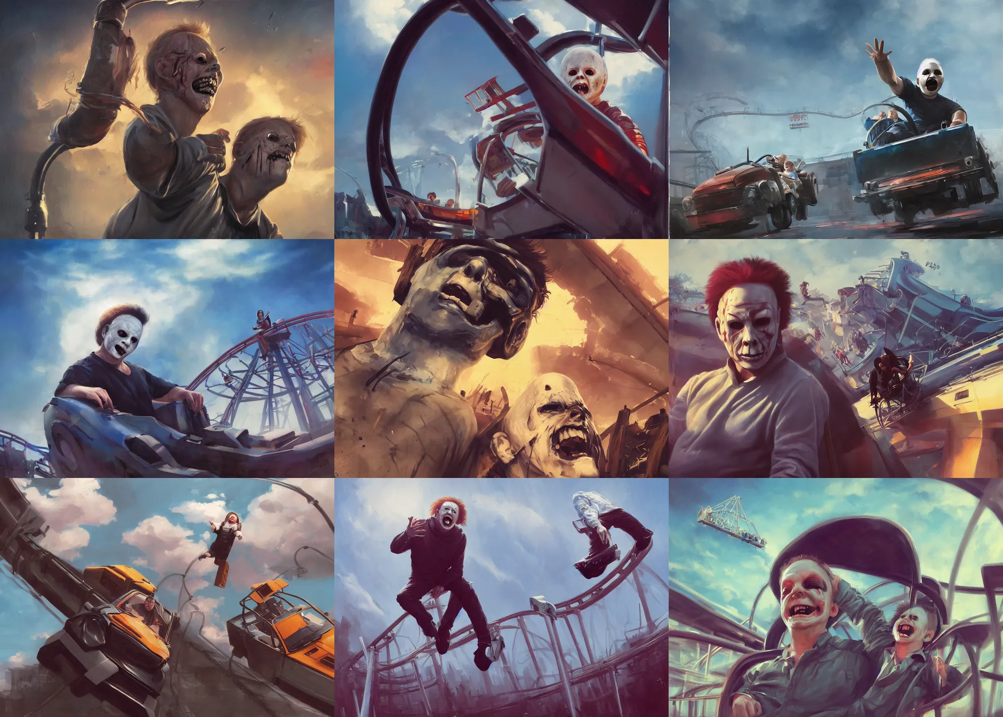 Image similar to portrait painting of Michael Myers having fun in a roller coaster, beautiful sky, sunny, happy, sharp focus, wide shot, trending on ArtStation, masterpiece, by Greg Rutkowski, clear facial features, by Ross Tran, by Fenghua Zhong, octane, soft render, oil on canvas, colorful, cinematic, environmental concept art