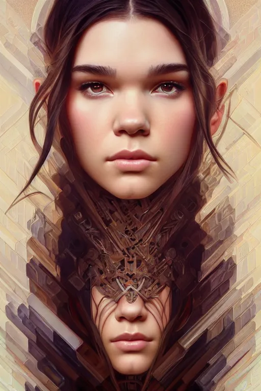 Image similar to symmetry!! portrait of hailee steinfeld, machine parts embedded into face, intricate, elegant, highly detailed, digital painting, artstation, concept art, smooth, sharp focus, illustration, art by artgerm and greg rutkowski and alphonse mucha, 8 k