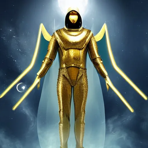 Image similar to a man 4 5 meters tall covered completely with a futuristic golden armor, his skin looks like white and black marble and can be seen between the armor, he has wings made of dark energy, he has a thurible in his hand with smoke, he lives in the year 3 0 0 0 in space, dune movie digital art