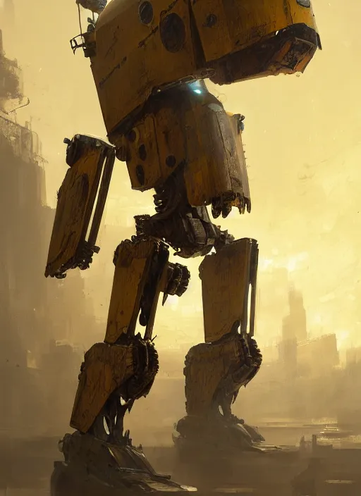 Prompt: human-sized strong intricate yellow pit droid carrying very detailed perfect antique great sword and beautiful large paladin shield, pancake short large head, exposed metal bones, painterly humanoid mecha, away, by Greg Rutkowski